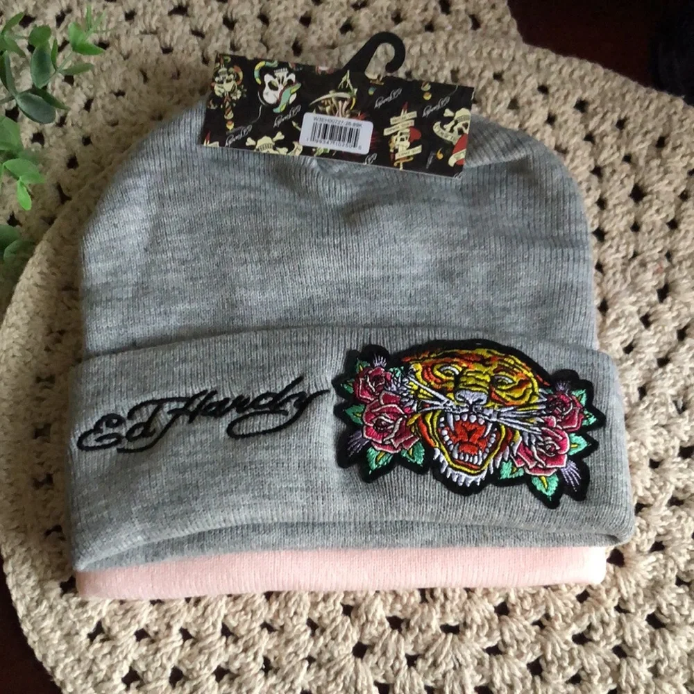 Ed Hardy Women’s Beanie Hats with Tiger and Floral Design